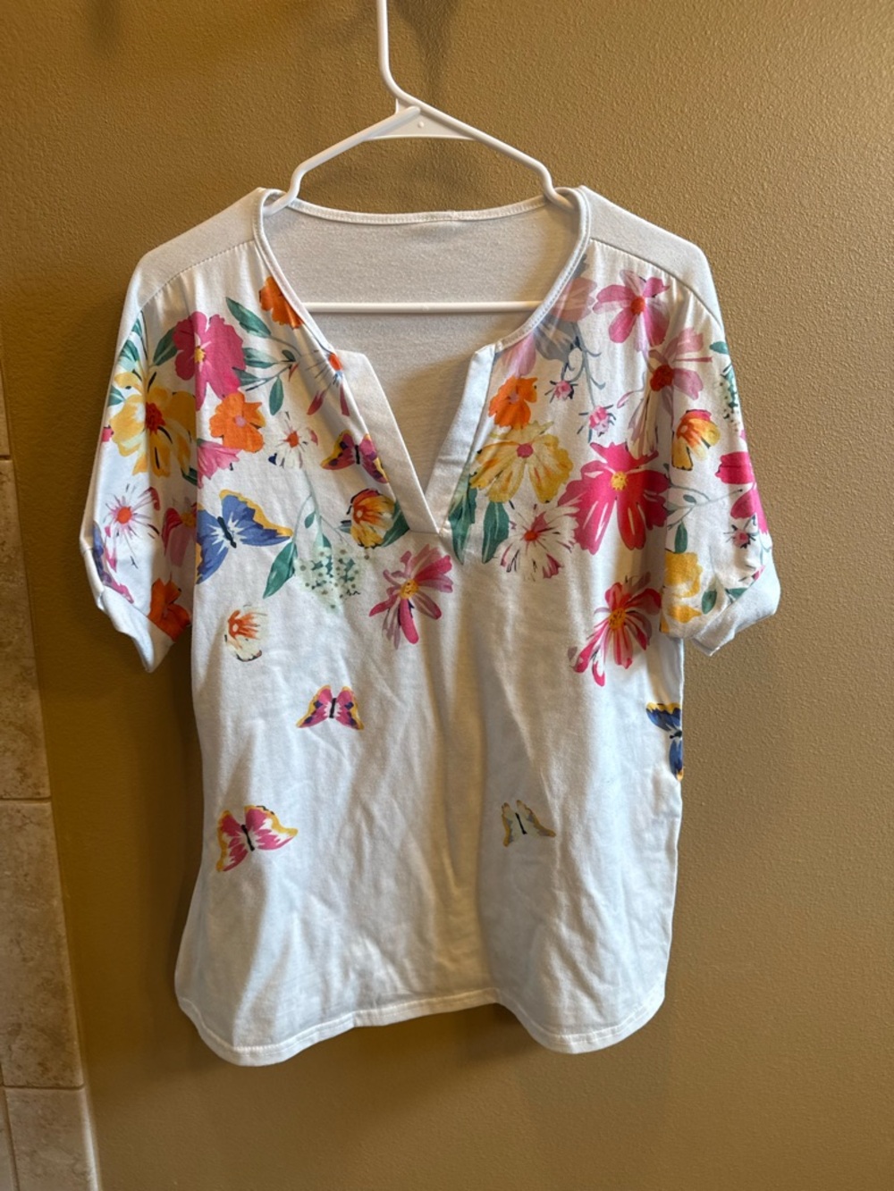 Floral Split-Neck Short Sleeve Top - White with Multi-Color Blooms